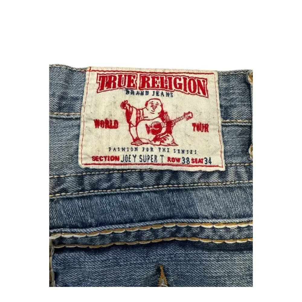 True Religion Men's Straight Jeans Joey Super T Blue‎ Size 38 Iconic Stitching